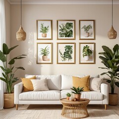 Cozy Living Room Interior with White Sofa and Plants