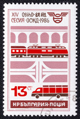 Bulgarian stamp from 1986, commemorating the XIV session of the Organization for Cooperation of Railways (OSZhD), featuring a train.