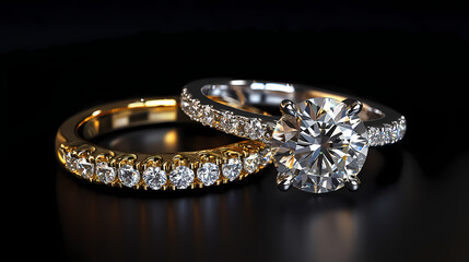 Sparkling Eternity: Two exquisite rings gleam against a dark backdrop, one a radiant solitaire and the other, a band paved with delicate diamonds. Together, they symbolize enduring love, promise.