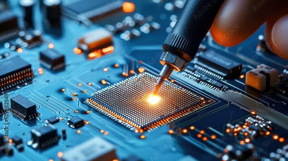 Poster a close-up of a hand soldering a microchip on a circuit board, showcasing intricate electronic compo