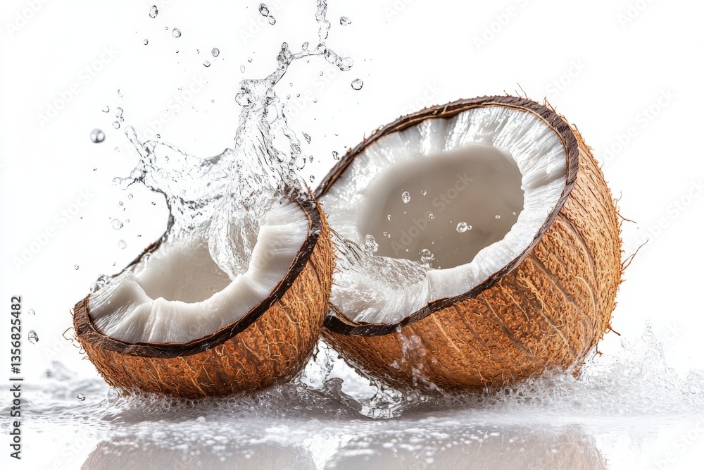 Poster Coconut halves splash in water creating a refreshing and vibrant scene in a bright setting