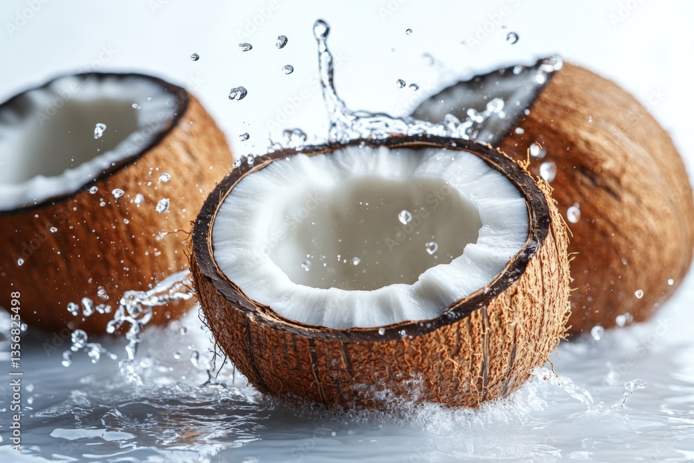 Poster Fresh coconuts splashing water on a bright surface in a tropical setting during daylight