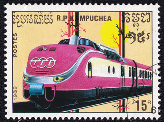 Cambodian stamp from 1989 featuring a TEE train.