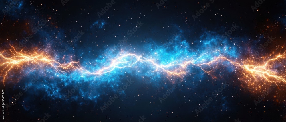 Poster electric discharge in dark space with stars and nebula creating a dramatic and powerful visual effec