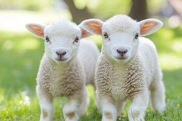 Fototapeta premium Two playful lambs explore a sunny meadow in springtime, showcasing their fluffy white coats and curious expressions