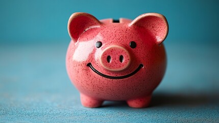A cheerful pink piggy bank with a radiant smile stands out against a rich blue background, the vibrant colors and clean design symbolizing financial positivity. 