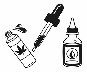 Simple Line Art Illustration of Cannabis Oil Dropper and Bottle