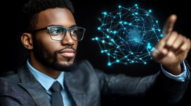 Man in suit interacts with a digital network sphere.