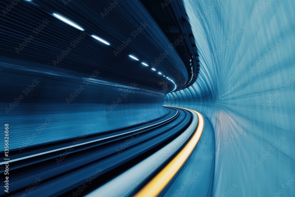 Poster fast journey through a futuristic subway tunnel illuminated by sleek blue lights and dynamic pattern
