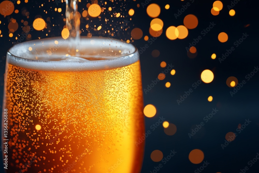 Aufkleber pouring golden beer into a glass with sparkling bubbles and glowing bokeh background at evening gath
