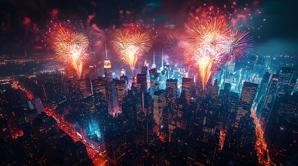 Fototapeta premium Fireworks illuminate cityscape at night