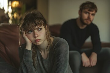 Fototapeta premium A young woman with her head in her hands sits on the sofa, she is sad and crying; behind her stands her husband who looks at her with an angry expression on his face, Generative AI