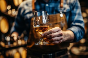 Craftsperson holds a glass of amber whiskey in a distillery, showcasing the art of whiskey production in a warm, inviting atmosphere