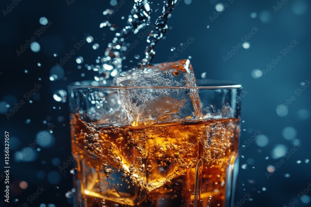 Poster refreshing cocktail with ice cubes splashing in a glass during a vibrant evening atmosphere