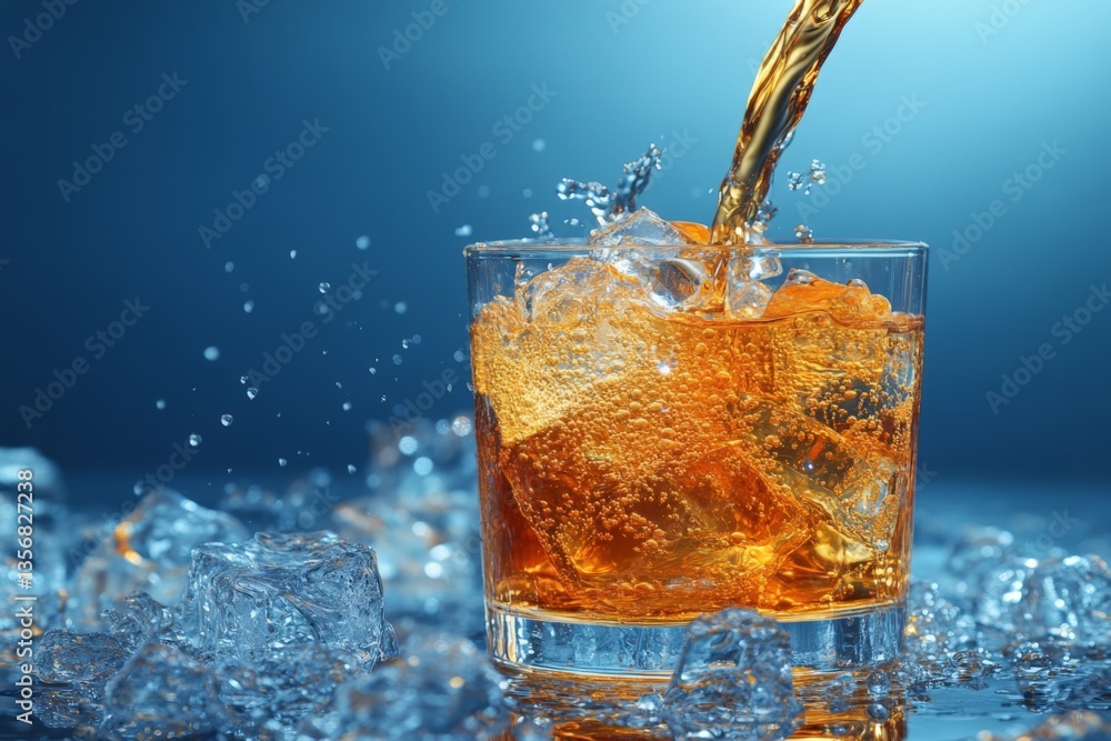 Poster Pouring a refreshing drink over ice creates a mesmerizing splash in a vibrant setting