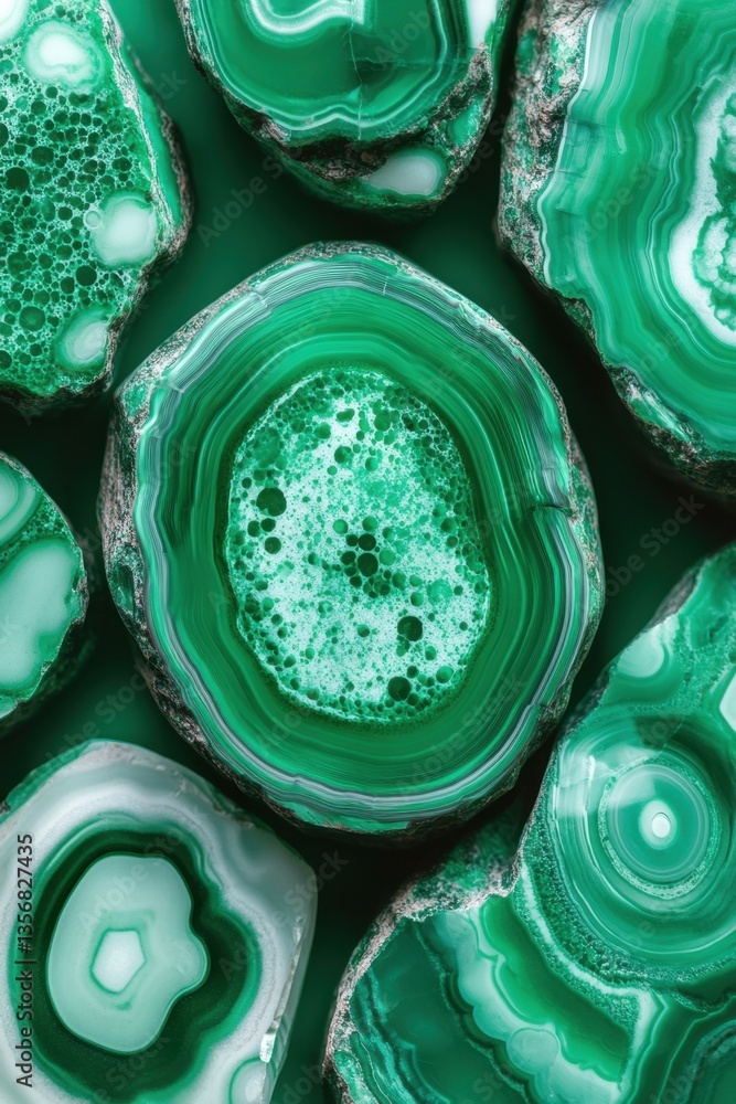 Poster captivating malachite stones arranged on a dark green surface showcasing unique patterns and texture