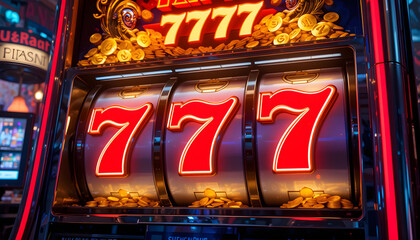 Lucky Sevens Jackpot: An eye-level shot of a classic slot machine, where the reels have aligned, showcasing three lucky sevens and a cascade of golden coins, symbolizing a big win.