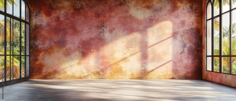Poster serene interior with textured wall sunlight streaming through window casting shadows creating a peac