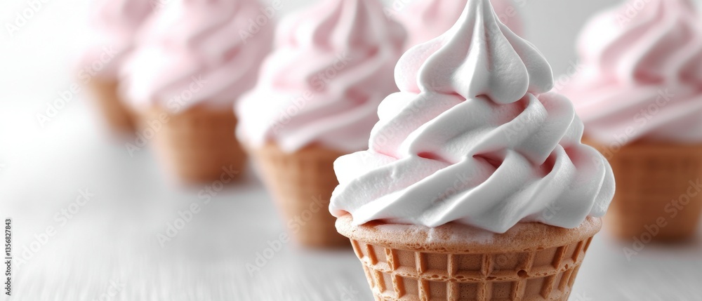 Poster delicious soft serve ice cream cones in a row on a white surface creating a sweet and refreshing vis