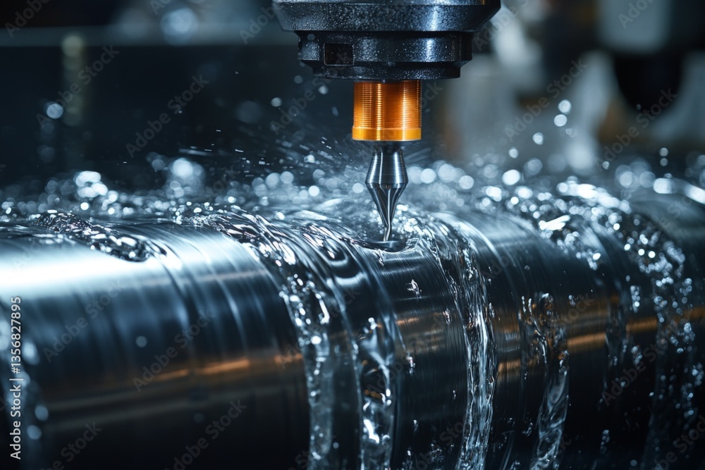 Poster precision machining process on a cylindrical metal component in a workshop with water cooling in ope