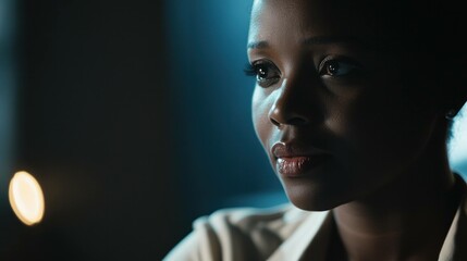 Thoughtful young woman in a modern office with dramatic lighting, showcasing emotional depth and professionalism in her expression