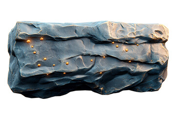 Rough textured gray rock formation speckled with shiny golden metallic spheres embedded within its crevices.