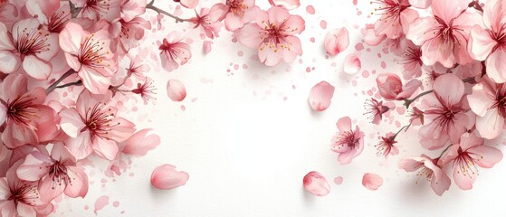 Obraz premium Delicate pink cherry blossoms scattered on a white spring banner