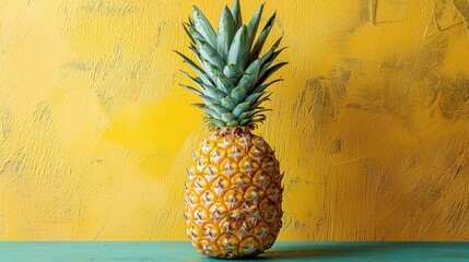 Golden pineapple a vibrant contrast against textured yellow wall