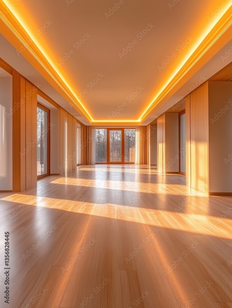 Poster spacious empty room with warm sunlight streaming through windows and wooden floor creating inviting 