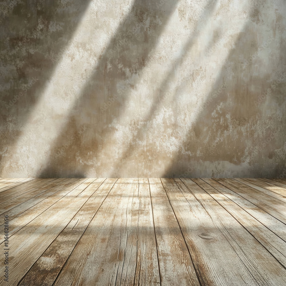 Poster rustic wooden floor and textured wall bathed in soft sunlight creating a serene and inviting space p