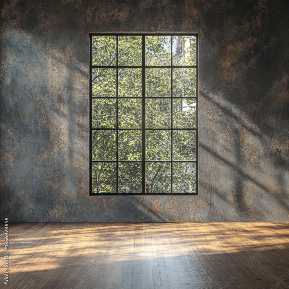 Poster sunlight streaming through window illuminating empty room with rustic wall and wooden floor creating