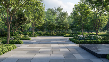 A tranquil garden path paved with gray stone lined with lush greenery and trees under a bright sky.