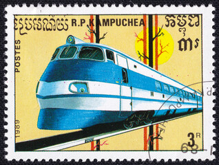 Cambodian stamp from 1989 featuring a train.