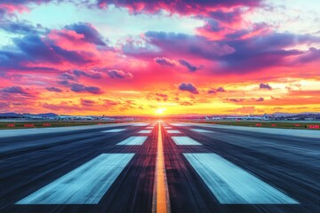 Vibrant sunset paints the airport runway with colorful hues in the evening sky over a bustling airfield
