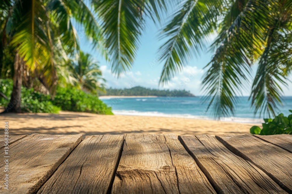 Aufkleber view of a tranquil beach with palm trees and wooden deck overlooking the serene ocean during a sunny