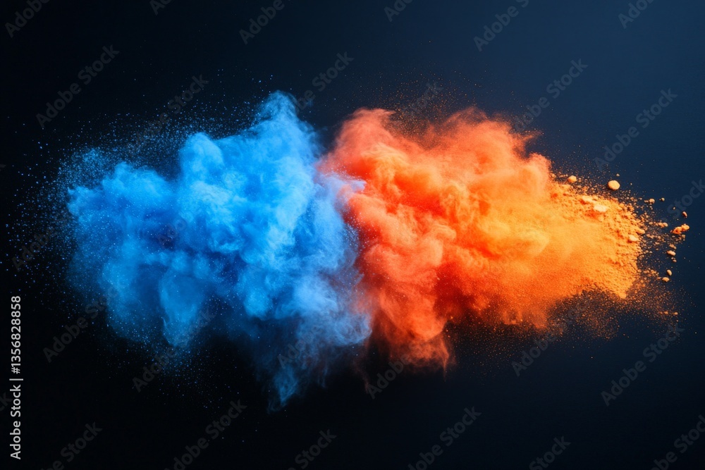 Poster Colorful explosion of blue and orange powder creates a dynamic visual effect in a dark environment