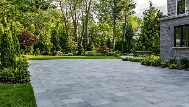 Paved patio extending to a lush green lawn surrounded by mature trees and landscaping adjacent to a stone building.