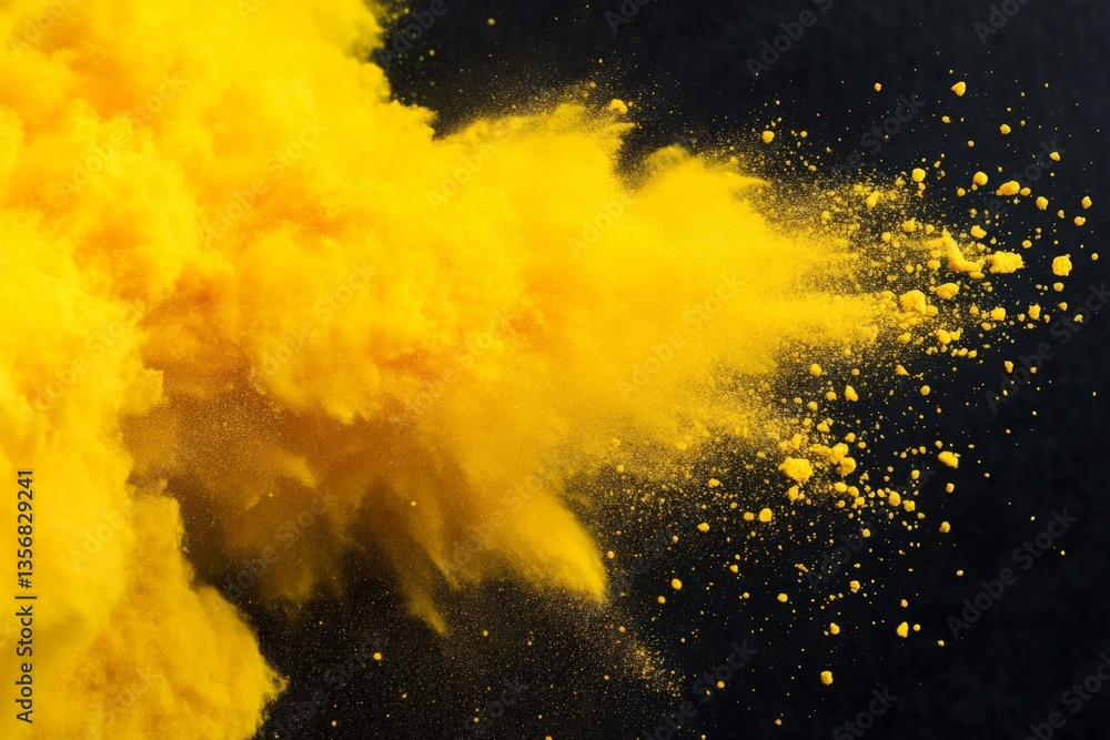 Poster bright yellow powder bursts in dynamic display against a dark background, showcasing motion and vibr