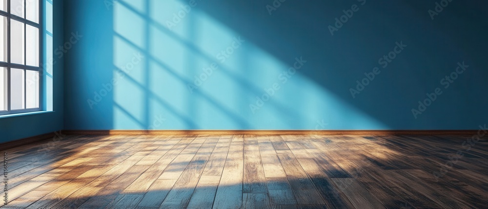 Poster sunlight streaming through window illuminating empty room with blue wall and wooden floor creating s
