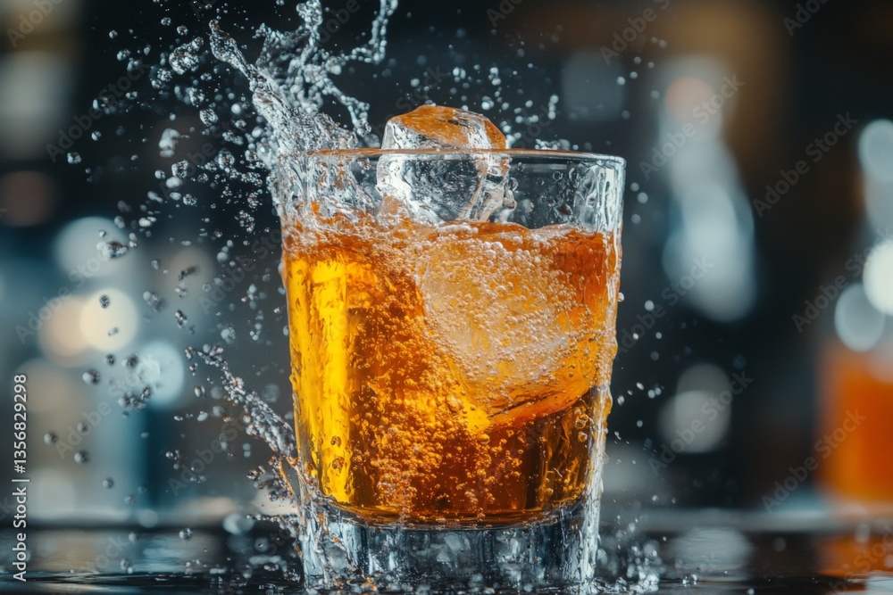 Poster ice splash in a glass of amber beverage captured in a bar setting during evening hours
