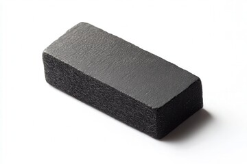 Close-up of a black rectangular sponge on a white background.