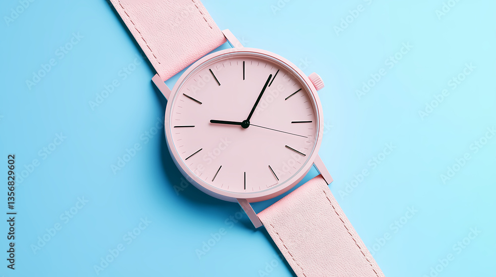 Poster precise time: a minimalist pink watch on a calming light-blue surface. emphasizing simplicity and th