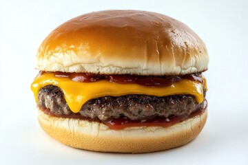 Juicy cheeseburger with melted cheddar and ketchup.