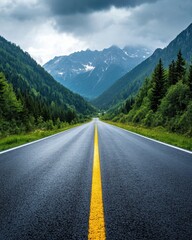 Asphalt Road Leading Through Verdant Valley to Distant Mountains Under Dramatic Sky Scenic Journey