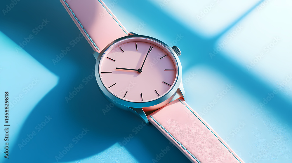 Poster time in pastel tones: a minimalist watch with a delicate pink face and matching strap sits on a sere
