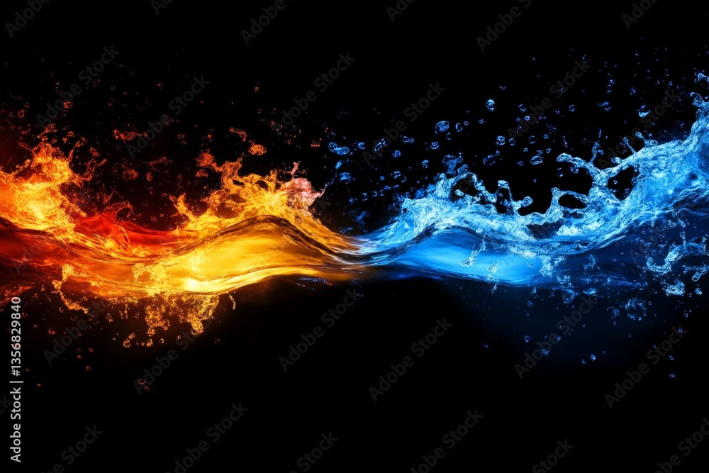 Poster splendid display of fire and water merging in a dynamic flow with vibrant colors