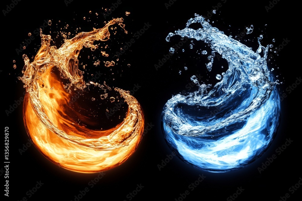 Poster Dynamic splash of orange and blue water creating a visual contrast in a captivating display of motion and color