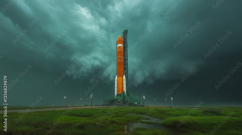 Poster the rocket is positioned on the launch pad, surrounded by dark, thunderous clouds, ready for an immi