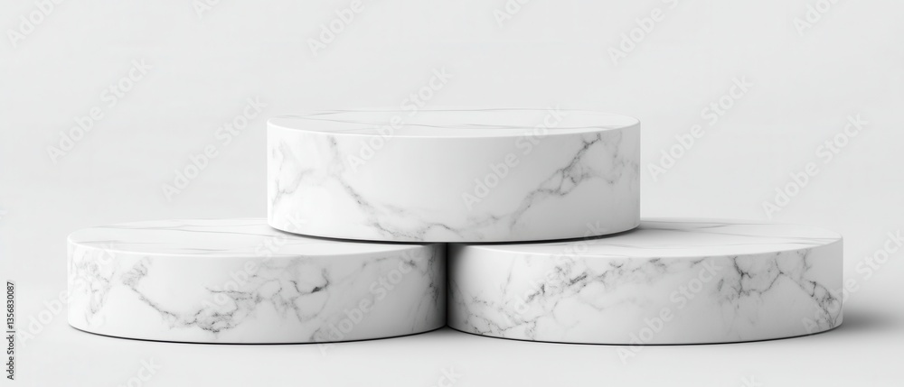 Poster elegant marble podiums stacked against white backdrop for product display and presentation in minima
