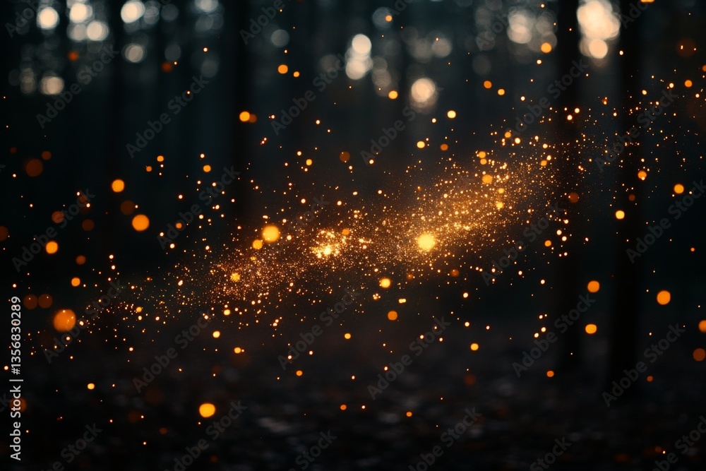 Poster Sparkling particles float through a dark forest during twilight, creating a magical atmosphere of wonder and enchantment